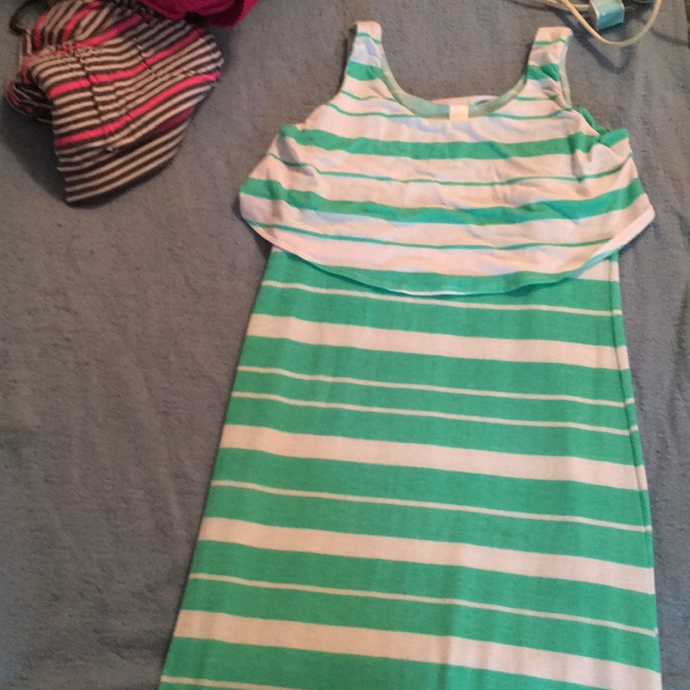 Long teal , and white dress